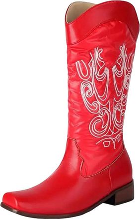 Generic Womens Fashion Western Boots Mid Calf Height Square Toe Medium Block Heel With Classic Embroidery Slip On Design