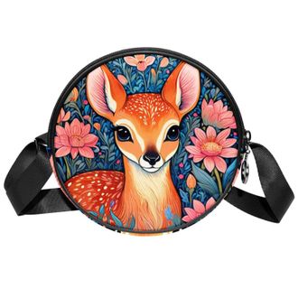 Generic Circle Crossbody Bag for Women, Color Drawing Deer Small Sling Bag Daypack with Zipper Adjustable Shoulder Straps Casual Ladies Girls Round Purse