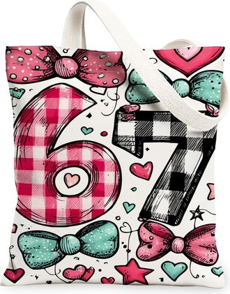 Generic Cute Bow Pattern Canvas Tote Bags, Stylish Fun Reusable Grocery Bags, Lightweight Washable Shoulder Strap Canvas for Shoppi, Peach, 13x15 Inch