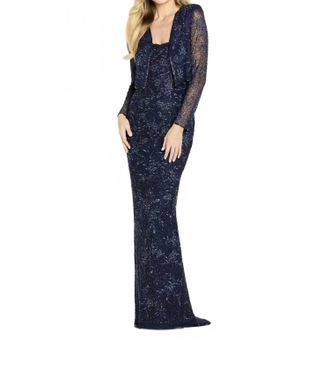 Mon Cheri Lace Beaded Evening Dress In Navy