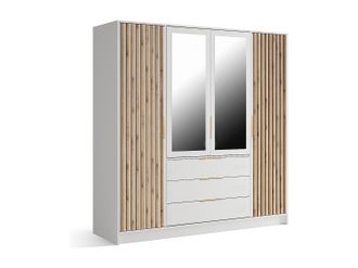 Vente-Unique Armario 4 puertas y 3 cajones - Con espejo - An196 cm - Color: Natural y Blanco - LIRMADA