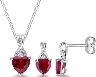 Mimi & Max 3 3/4ct TGW Created Ruby and Diamond Heart Necklace and Earrings Set Sterling Silver