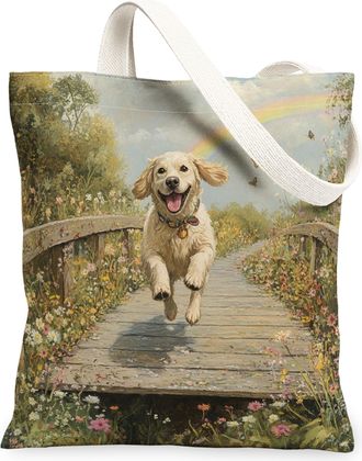 Generic Spring Labrador Retriever Dog Canvas Tote Bag for Shopping 13x15, Country Garden Puppy Reusable Grocery Print Pattern Bag for Women, Fun Flower Pet Be