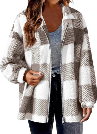 Generic Fleece Jacket for Women UK Plaid Oversized Winter Warm Shacket Sherpa Fuzzy Long Sleeve Lapel Zip Up Coat Ladies Elegant Shirts, Casual Vintage Lumber