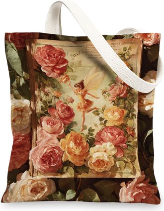Generic Floral Canvas Tote Bag, Vintage Reusable Grocery Bags, Lightweight Rose Design Shoulder Bags 13x15 Inch