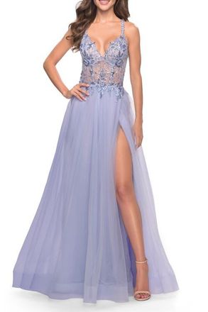 La Femme Tulle A-Line Gown with Sheer Bodice and Beaded Lace Detail in Light Periwinkle at Nordstrom, Size 14