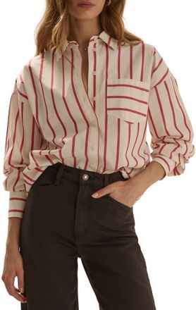 Favorite Daughter The Beau Stripe Cotton Poplin Button-Up Shirt in White/crimson Stripe at Nordstrom, Size Xx-Small