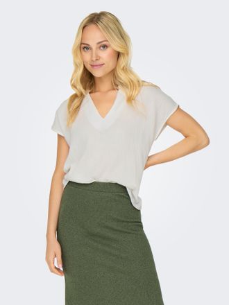 Jacqueline de Yong Shirtbluse JDY JDYTHEIS LION LIFE S/S TOP WVN, Damen, Gr. XL, cloud dancer, Web, Obermaterial: 100% Baumwolle, unifarben, regular fit h&uuml;ftlang, V-Auss