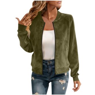 Generic Faux Suede Jacket Womens Long Sleeve Zip Up Bomber Jackets Lapel Collar Motorcycle Short Jacket Casual Smart Cropped Pilot Coat Lightweight Zipper Fli