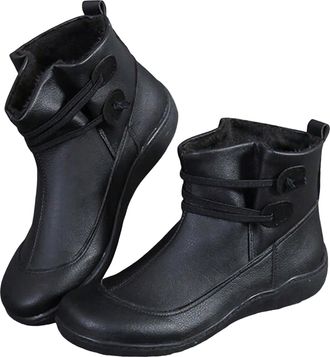 Generic Orthopedic Shoes for Women Warm Faux Furry Lined Arch Support Wide Fit Ankle Boots Lace Up Waterproof Leather Wedge Boots Ladies Non Slip Cushion Ligh