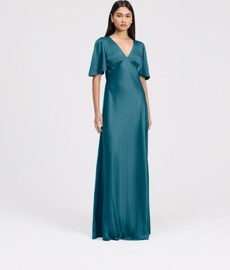Ghost London Arabella Angel Sleeve Satin Maxi Dress in Emerald at Nordstrom, Size 12