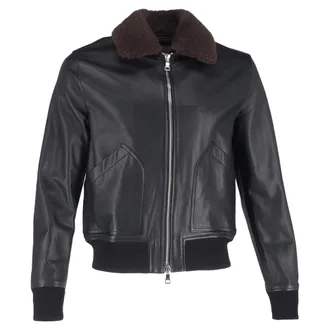 Mr P. Mr. P. Shear Trim Zipped Bomber Jacket in Black Leather