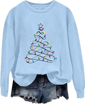 Generic Xmas Sweatshirt, Tree Graphic Print Xmas Sweatshirt Soft Crewneck Long Sleeve Funny Christmas Tops for Women Sky Blue