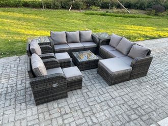 Fimous High Back Rattan Garden Furniture Set with Square Coffee Table 3 Footstools 2 Side Tables Indoor Outdoor Patio Lounge Sofa Set in Dark Grey