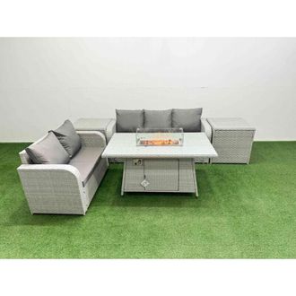 Fimous 5 Seater pe Rattan Wicker Garden Furniture Patio Conservatory Sofa Set with Firepit Dining Table 3 Seater Sofa Love Sofa 2 Side Table - Fimous
