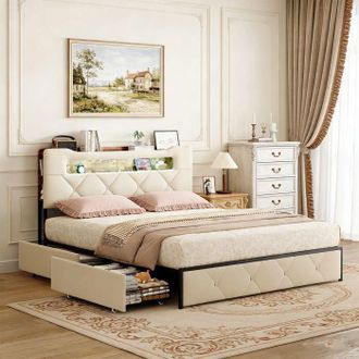 OEM Cama 140x190, Pocketpop, Cabecera Acolchada Led, 4 Cajones, 2 Usb + Tipo-c, Somier De Lamas, Terciopelo Beige