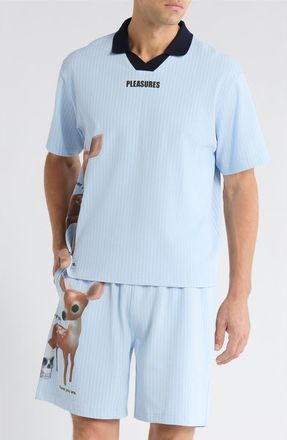 Pleasures Pet Pinstripe Graphic Cotton Polo in Blue at Nordstrom, Size Xx-Large