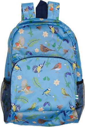 Eco Chic Lightweight Foldable Water Resistant Backpack Rucksack Folds into Pouch for Storage (RSPB Birds Blue)