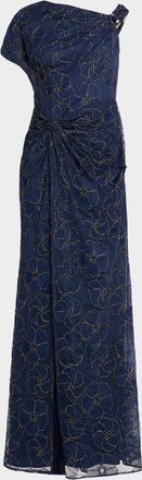 Aidan Mattox Metallic Floral-Embroidered Mesh Gown