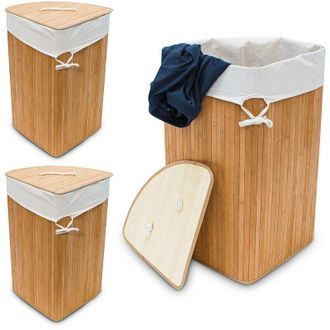 Relaxdays Relaxdays 3x Corner Laundry Baskets Bamboo, Foldable 60 L, Space-saving, Cotton Bag, HxWxD: 65 x 49.5 x 37 cm, Natural