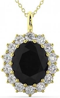 Allurez Oval Black Diamond & Diamond Halo Pendant Necklace 14k Yellow Gold (6.40ct)