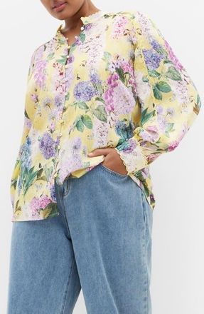 City Chic Gianna Floral Print Woven Shirt in Lemon Hydrandra at Nordstrom, Size Xxs