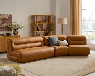 Castlery Tovi Leather Angled Chaise Sectional Couch, (Duvane) Mocha for Living Room, Brown Color, Castlery Brand