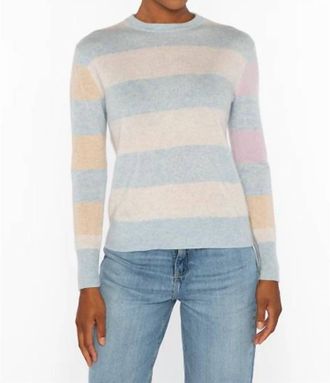 Kinross Cashmere Colorblock Stripe Crew Sweater In Multi Sky/cloud/lilac/straw/vine