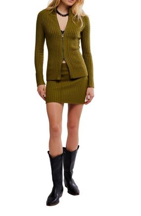 Free People Eliza Cable Zip-Up Cardigan & Rib Miniskirt Set in Cardamon Seed at Nordstrom, Size X-Small