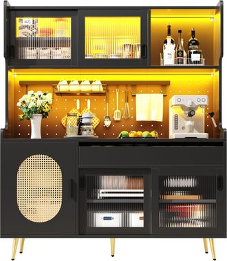 STILVORA Credenza Da Cucina Con Illuminazione Led E Pannello Forato, Stile Retr&ograve;, Per Cucina, In Mdf, Nero, 145x39x171 Cm
