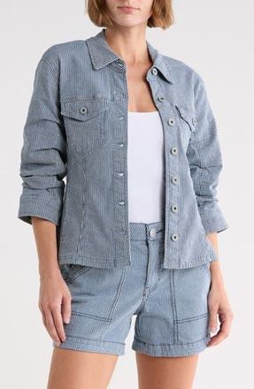 Democracy Stripe Ruched Sleeve Shirt Jacket in Dark Railroad Stripe at Nordstrom Rack, Size X-Small