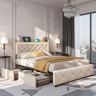 OEM Cama Simple 90x200 Cm - Cama Tapizada 90x200 - Terciopelo Beige - Led Rgb Y Usb/type-c - 2 Cajones + Ba&uacute;l