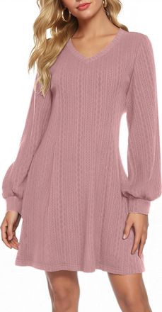 Zeagoo Mini Dresses for Women Autumn Long Sleeve V Neck Jumper Dress Elegant Lantern Sleeves Princess Line Tunic Dress Pink S