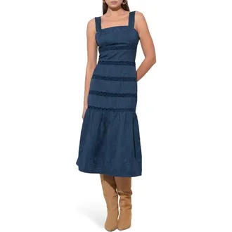 Adelyn Rae Sable Lace Inset Tiered Midi Dress in Navy at Nordstrom Rack, Size X-Small