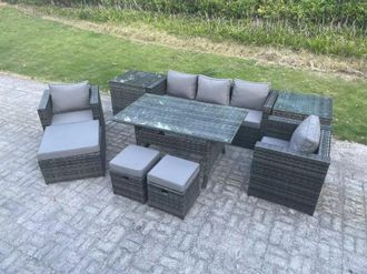 Fimous Garden Furniture Set Patio Rattan Dining Table Lounge Sofa Chair 3 Footstools in Dark Grey