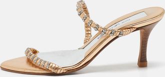 Sergio Rossi Gold Leather Crystal Embellished Slide Sandals