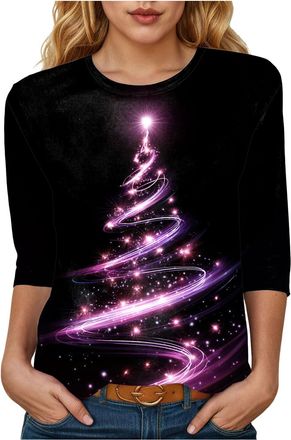 Generic Christmas Tshirt for Women Christmas Tree Print Tunic Tops 3/4 Sleeve Lightweight Crew Neck Pullover Casual for Women Novelty Tee Shirts Ladies Funny 