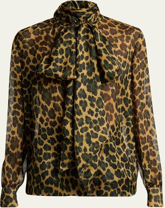 Saint Laurent Leopard Silk Chiffon Bow-Neck Blouse