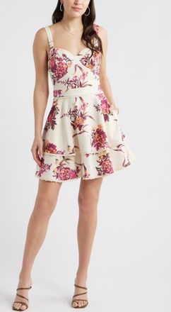 Chelsea28 Lace Detail Floral Tiered Minidress in Beige- Pink Antoinette Floral at Nordstrom, Size Xx-Small