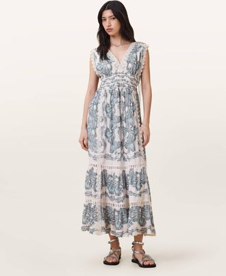 AllSaints Polyester Xanthe Lace-Trimmed Maxi Dress, Size: UK 16/US 12