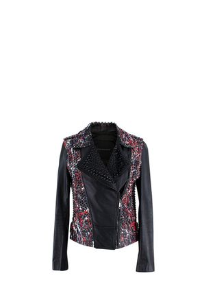 Nour Hammour Black Leather Studded Jacket With Paint Splatter Effect Size XXS