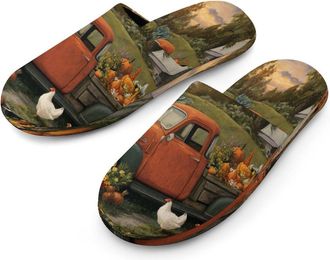 Generic Pumpkin Harvest Truck Mens Cozy Memory Foam Slippers Warm Cotton House Shoes Comfy Slipper for Indoor Outdoor