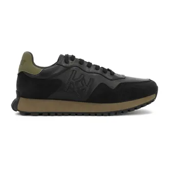 Kazar Schoenen, Heren, Zwart, 45 EU, Leer, Kazar Zwarte herensneakers met nubuck en kaki leren inzetstukken