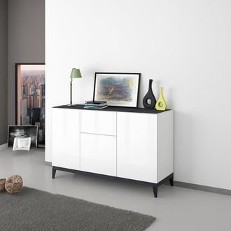 Dmora Aparador Ddybal, Aparador De Cocina Con 3 Puertas Y 1 Caj&oacute;n, Buffet De Sal&oacute;n, Aparador De Cocina, 100% Made In Italy, 120x40h82 Cm, Blanco Brillo Y Pi