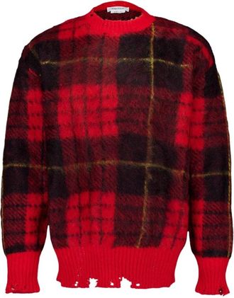 Alexander McQueen Tartan Mohair Distressed Jumper - Heren - Ronde hals truien - Rood - M - Wol - Truien & Vesten