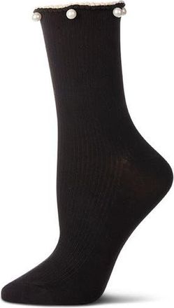 MeMoi Faux Pearl Lettuce Edge Cotton Blend Crew Socks in Black at Nordstrom Rack, Size 9/11