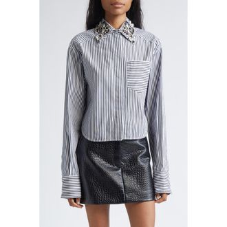 Sportmax Quagga Stripe Embellished Collar Cotton Button-Up Shirt in Black at Nordstrom, Size 12