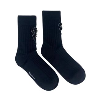 Simone Rocha Poppy Crystal Flower Ribbed Ankle Socks - female - Simone Rocha - Socks - Black - ONE SIZE - Underwear