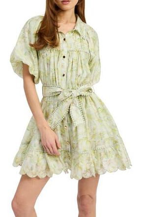 En Saison Claire Floral Bubble Sleeve Minidress in Sage Yellow at Nordstrom Rack, Size Medium