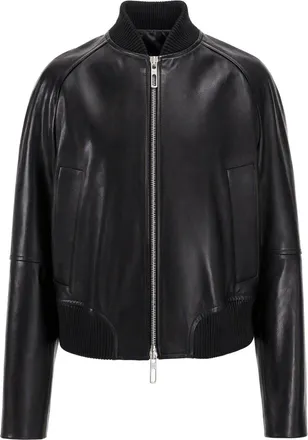 Sportmax Black Smooth Lambskin Ribbed Collar Zip Bomber Jacket